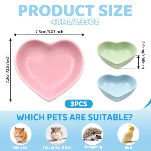 3 Pack Ceramic Hamster Food Bowl, Anti-Turning Heart Hamsters Water Dish | Cute Guinea Pig Food Bowl, Small Animals Bowl for Rabbits Chinchillas Guinea Pig Rat Hedgehog Parrots Small Animals