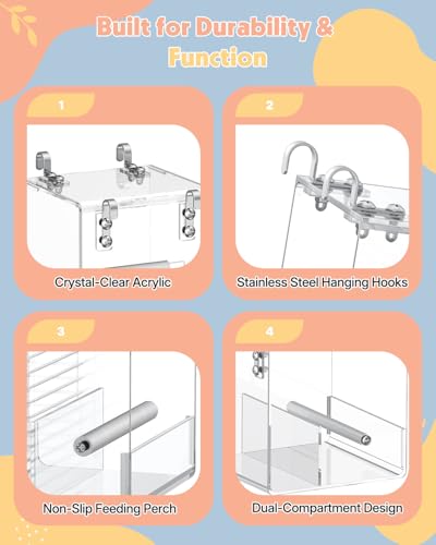 Pawfly No Mess Bird Feeder, Clear Acrylic Bird Cage Feeder, Hanging Bird Feeder for Cage, Parakeet Feeder, Bird Seed Catcher, Food Container for Parrot, Cockatiel, Budgie & Lovebird, Small - size: Small