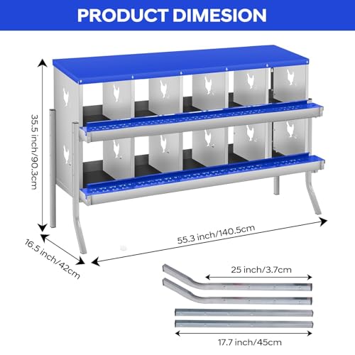 Garvee Chicken Nesting Box, 10 Compartments Nesting Box for Chickens, Galvanized Steel Chicken Laying Box for Easy Egg Collection, Wall Mounting - color: Blue | 10 Compartment+legs