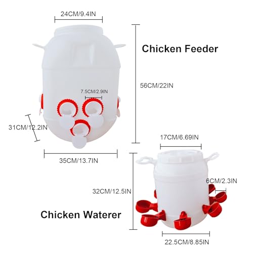 Automatic Chicken Feeder and Waterer Set, 110 lb Capacity 10 Port Large Chicken Feeders Poultry Waterer Weatherproof No Waste Poultry Feeder Kit for Turkey Pigeon Quail Duck Goose