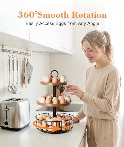 3-Tier 360° Rotating Egg Holder with Basket, Holds 64+ Eggs | Rustic farmhouse egg rack, 3-tier 360° rotating; ventilated wooden trays, metal basket. Holds 24+40 eggs. - size: 360° Rotating