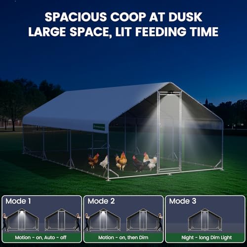 CHIKENCOOP 19.5x9.8x6.5ft Metal Chicken Coop, 3-Room Run, Hardware Cloth | Three-room walk-in run with hardware cloth, full-top waterproof UV-resistant cover, 3-mode solar light, and center perches - size: 234.0"L x 118.0"W x 78.0"H