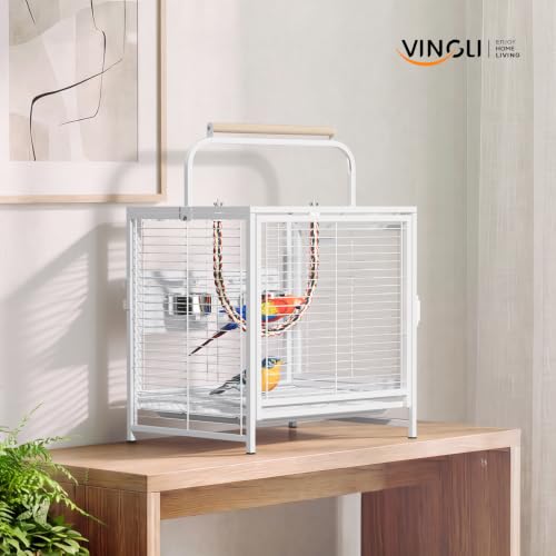 VINGLI Small Bird Cage, 19 inch Travel Carrier Bird Cage with Handle, Wrought Iron Parakeet Cage with Wooden Perch for Parrot Lovebirds Finches Small/Medium Birds (White) - color: White