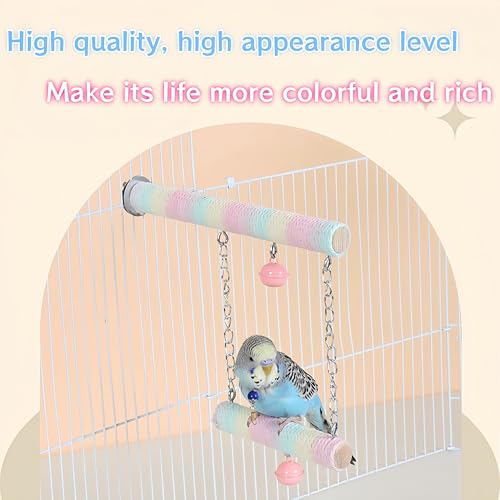 Parrot Swing A Standing Pole, Colorful Cotton Rope Wooden Swing with Metal Chain and Clasp（1Pcs）