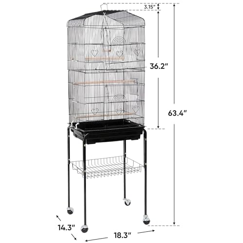 ZENY 63.4 Inch Bird Cage, Rolling Wrought Iron Parrot Cage | with Side-out Tray, Storage Shelf, Pet Bird House for Parrot Cockatiel Cockatoo Parakeet Macaw Finches