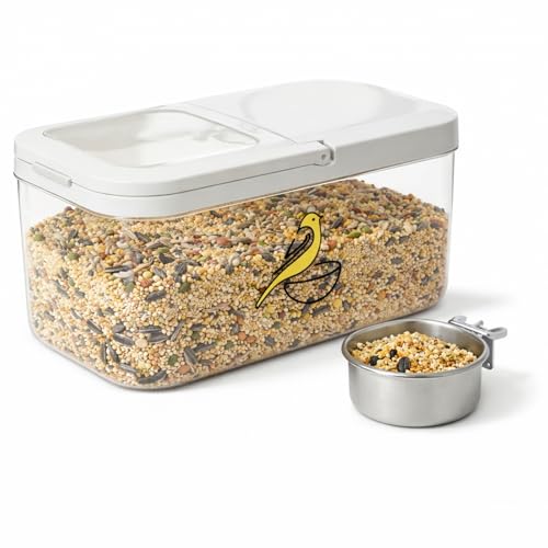 Bird Seed Storage Container, 5.4 Qt/6 L Pet Food Container with Measuring Cup & Stainless Steel Bird Feeder Bowl, Airtight Wild Birds Seed Dispenser, Plastic BPA Free, Clear