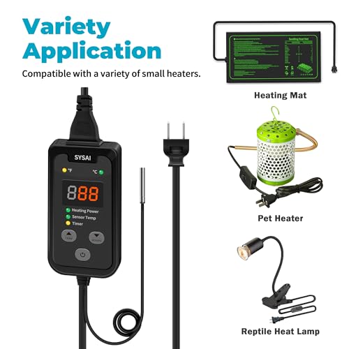 SYSAI Digital Thermostat Controller for Reptile Tank & Heat Mat, Seed Germination, Breeding & Home Brewing, 1A 100W, High Accuracy °F/°C Probe, 60-94°F
