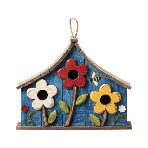 Glitzhome Bird Houses for Outdoors, 15" L Oversized Distressed Solid Wood Garden Hanging Birdhouse with 3D Flowers Three-Story Villa Decorative Hand-Painted Blue Bird Houses for Outside,Washed Blue - color: 15"L 3D Flowers Washed Blue