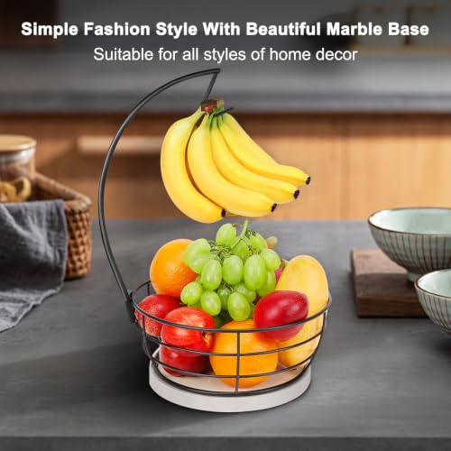 Livabber Countertop Fruit Basket Bowl with Banana Hanger, Modern Standing Fruit Vegetable Bowl Storage, with Banana Tree Holder for Kitchen Dinning Table (Round Marble, Black) - color: Black, style: Round Marble