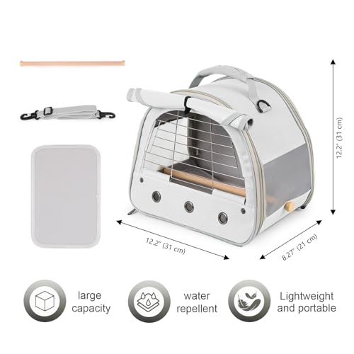 Bird Travel Carrier Cage, with Stainless Steel Metal Window and Wood Perch, Portable Bag for Cockatiel Parakeet Conure Green Cheek Budgie (Grey, Steel Window) - color: Grey