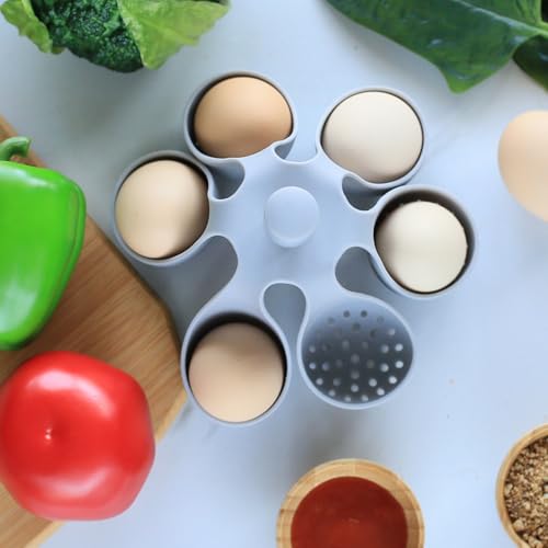 Silicone Egg Boiler Rack for Hard Soft Boiled Eggs, Food Grade Silicone Egg Boiler Cooker with 6 Holders, Kitchen Gadget for Cooking/Serving Eggs with Handle, Dishwasher Safe
