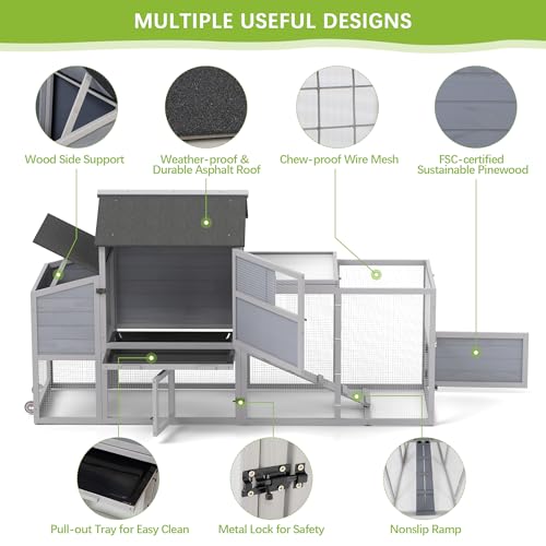 COZIWOW 82" Large Wooden Chicken Coop Mobile Rabbit Hutch with Wheel, Gray | Weatherproof asphalt roof & sunshine board, Anti-slip ramp, Pull-out tray, Hen house with 5 openable doors, Indoor Bunny Cage - color: Gray with Pattern