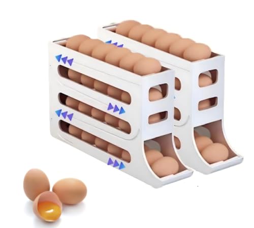 24 Eggs Egg Holder for Fridge,4 Tiers Egg Container,Auto-Rolling Organizer for Refrigerator,Space-Saving Egg Dispenser Holder,Fridge Egg Rack (White, 2pack) - color: White, size: 2pack