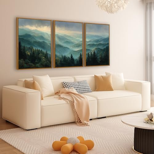 QTUSYUR Sage Green Mountain Wall Art - Large Farmed Pine Forest Landscape Art Print - Abstract Nature Adventure Artwork for Farmhouse Bedroom Living Room- Misty Mountains Triptych Decor 16”×24”×3 - style: mountain
