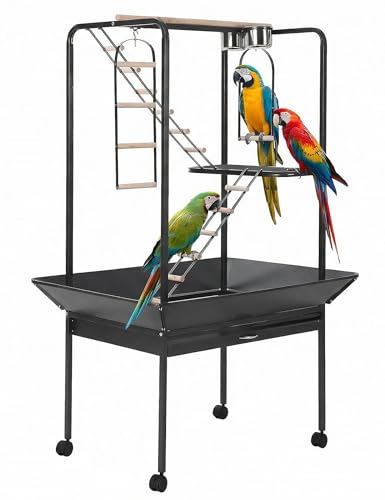 Large 66'' Black Bird Cage Play Center – Perches, Ladders, Rotating Ring, Removable Tray, Lockable Casters – Spacious Detachable Aviary for Macaw, Parakeet, Conure