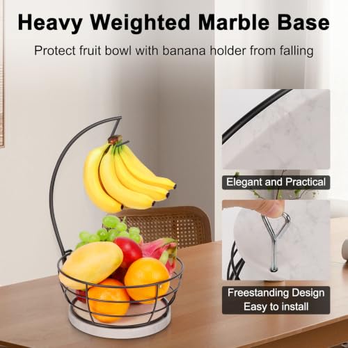 Livabber Countertop Fruit Basket Bowl with Banana Hanger, Modern Standing Fruit Vegetable Bowl Storage, with Banana Tree Holder for Kitchen Dinning Table (Round Marble, Black) - color: Black, style: Round Marble