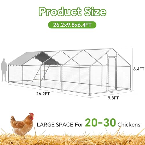 Large Metal Chicken Run for Yard with Cover, Heavy-Duty Chicken Coop Pen | 26.2 x 9.8 x 6.4 FT Extra-large Outdoor Walk-in Chicken Run Enclosure for 20-30 Chickens, Outdoor Duck House & Rabbit Cage - size: 315.0"L x 118.1"W x 78.0"H