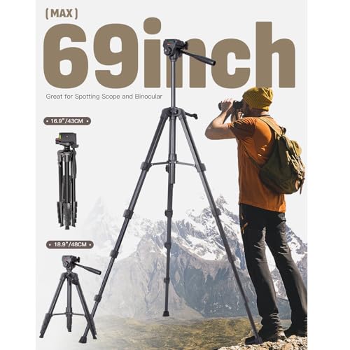 69” Tripod for Spotting Scopes, Binocular & Camera, Includes Binocular Adapter, 2 QR Plates, Phone Holder & Carry Bag, Ideal for Bird Watching, Hunting, Wildlife Viewing & Target Shooting