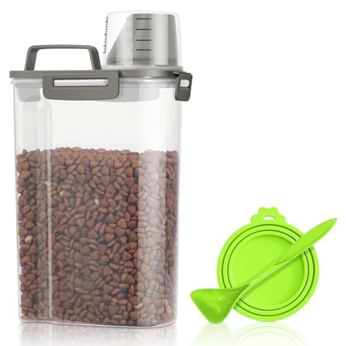 TBMax Small Dog Food Storage Container 3 Qt with Cat Food Can Cover and Mixing Spoon, Portable Travel Pet Food Dispenser with Large Spout and Cup - color: Grey 3Qt