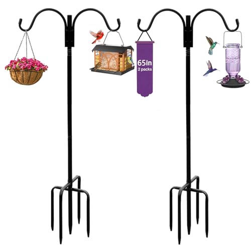 Shepherds Hooks for Outdoor - 65 Inch Adjustable Bird Feder Pole with 5-Prong Base, Heavy Duty Double Garden Hooks for Hanging Plants, Hummingbird Feeders, Solar Lights, Lanterns 2 Pack - color: double hook-65 inch