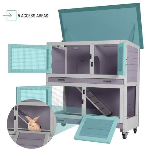Suumerpety 2-Tier Wooden Rabbit Hutch Indoor Bunny House Guinea Pig Cage with Sliding Plastic Trays Wheels for Easy Cleaning Ventilation Design and Mobility, 36 Inch Small Animal Home (Grey, M) - color: Light Grey