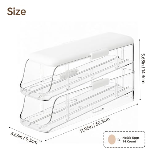 PAVSTINE 2-Tier Auto Rolling Egg Holder with Lid for Fridge, Clear | Stackable Egg Container, Large Capacity Holds Up To 14 Eggs, Refrigerator ＆ Kitchen Countertop Storage - size: 2-Tier with Lid