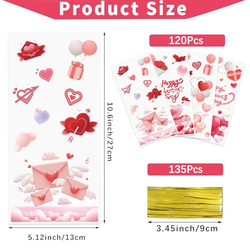 Valentines Goodie Bags, 120Pcs Valentines Treat Bags for Candy Goody Snacks Gifts Packing, Valentines Day Cellophane Bags With 135Pcs Twist Ties for Kids Classroom Party Favors - 4 Lovely Style - color: Valentines-120pcs