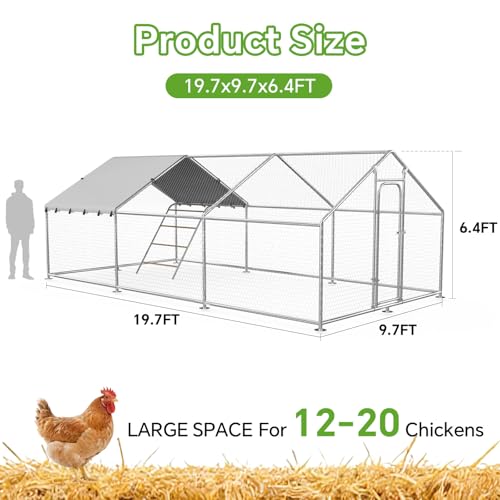 Large Metal Chicken Coop with Roosting Perch and Cover | Spire roof chicken run with waterproof UV-resistant cover, 10' W x 19.7' L x 6.4' outdoor poultry cage - size: 240.0"L x 120.0"W x 76.8"H