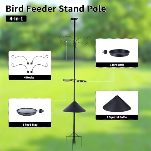 4 in 1 92 Inch Bird Feeder Pole with Squirrel Baffle | With Bath, Food Tray, 4 Hooks and Holds Cage, Metal, For Outdoors, Heavy Duty, Weatherproof