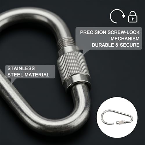 16 Pcs Small Locking Carabiner, 1.5in D-Ring Key Hooks, Stainless Steel Screw Lock Carabiner Clips for Keychain Pet Leash Parrot Bird Hanging Toys (Silver)
