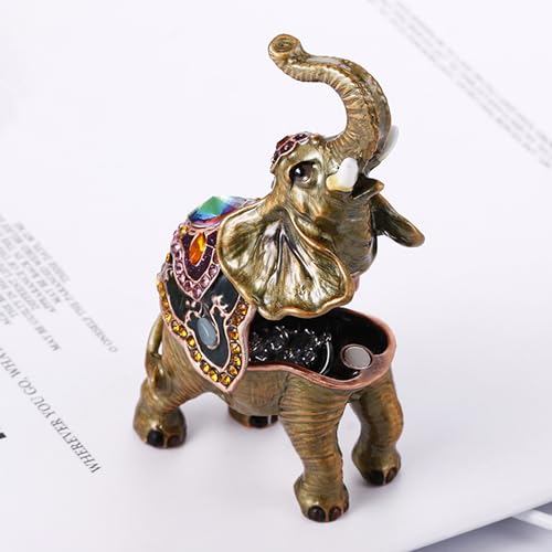 Hand Painted Enameled Lucky Elephant Trinket Box, Hinged Unique Mini Ring Necklace Jewelry Organizer, Classical Bejeweled Storage, Figurine Collectible Keepsake Home Decor (Elephant-1) - color: Elephant-1