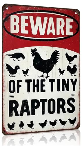 Funny Gifts for Women Chicken Lovers Farm Enthusiasts Beware of The Tiny Raptor Chicken Tin Sign for Chicken Coop Farm Kitchen Garden Yard Decor 8 X 12 Inch (3921) - color: Red