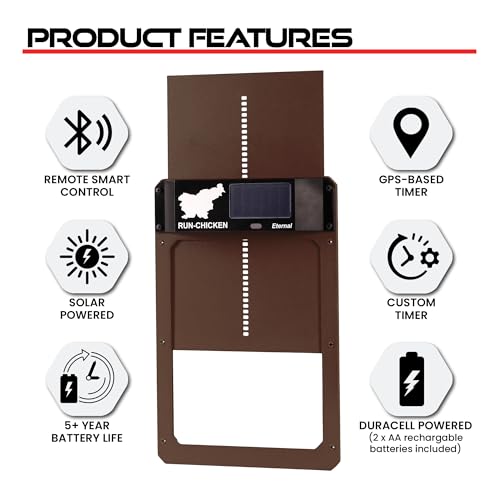 RUN-CHICKEN Door Eternal – Solar Automatic Chicken Coop Door with Built-in Solar Power & Battery Backup, Smart App & Timer Control, Weatherproof Aluminum, Predator-Proof, Easy to Install (Brown)