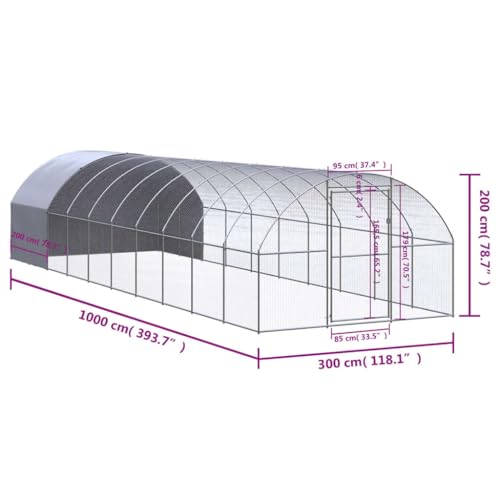 Galvanized Steel Chicken Coop 9.8x32.8x6.6 ft Large Outdoor Enclosure for Hens Ducks with Polyethylene Roof - size: 9.8' x 32.8' x 6.6'