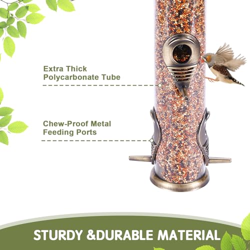 Metal Bird Feeder Tube Hanging Wild Bird Seed Feeder Aluminum Six Port Bird Feeders,1.4 mm Extra Thick Solid Tube Transparent with Steel Hanger Great for Attracting Birds (Bronze 2PK) - color: Bronze 2PK
