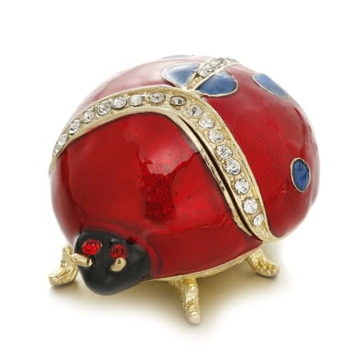 Hand Painted Enameled Ladybug Trinket Box, Hinged Unique Mini Ring Necklace Jewelry Organizer, Classical Bejeweled Storage, Figurine Collectible Keepsake Home Decor (Ladybug-2) - color: LadyBug-2