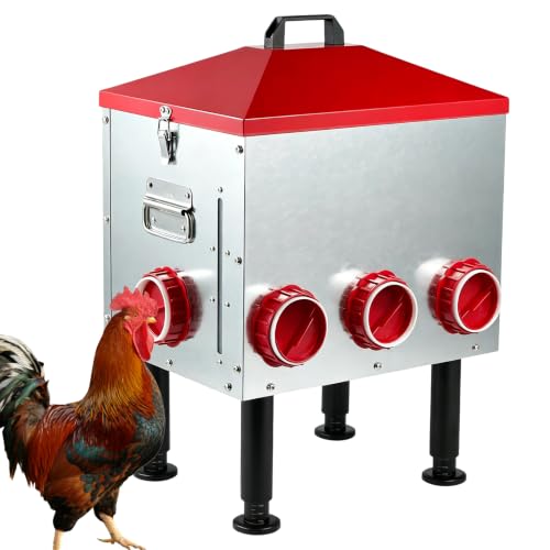 Large Automatic Chicken Feeder, 55LBS Chicken Feed Dispenser with Lid, 8 Feeding Ports, Adjustable Legs, Rodent Free, Waterproof Outdoor Metal Poultry Feeder