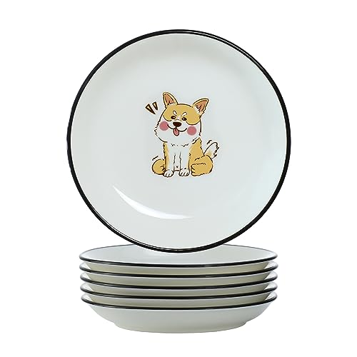 Funny Cartoon Cute Dogs Pattern Ceramic Sauce Dishes, Seasoning Dishes, Sushi Soy Dipping Bowls, Appetizer Plates, Dessert Plates, Little Cat Bird Feeding Bowls, Set of 6-Cute Dogs-5 Inch - color: Cute Dogs, size: 5 Inch