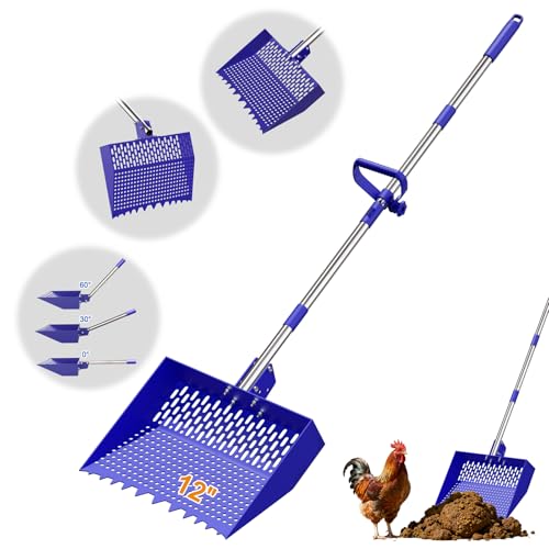 12-Inch 2-in-1 Chicken Poop Scooper & Rake, Chicken Coop Scoop with Adjustable Stainless Steel Handle （24–64"）, 3 Angles & 2 Sifting Holes, Litter Scoop Sand Sifting Shovel Pooper Scooper (Blue) - color: Blue