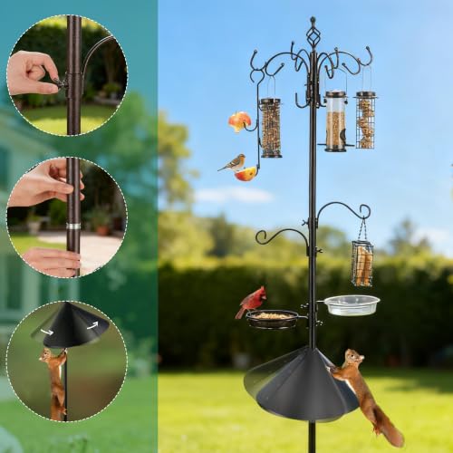 Bird Feeding Station Kit with Squirrel Baffle Bird Feeder Pole with Suet Cage Mesh Tray Fruit Hook Double W Hook for Attracting Wild Birds and Hanging Planter Hanger Lights - size: 94 Inch W hook with squirrel baffle