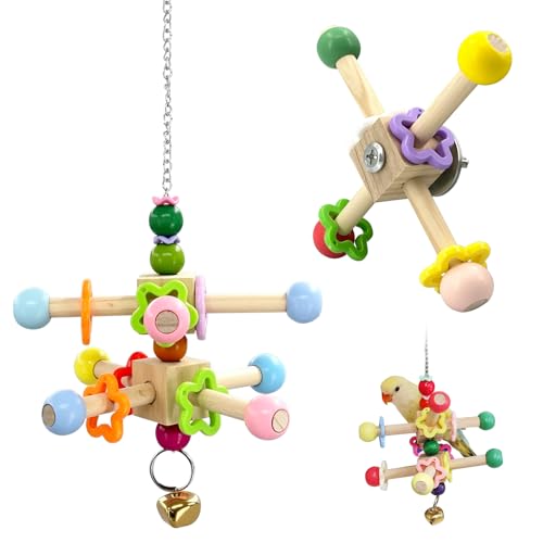 2 Pcs Parakeet Toys, Natural Wood Spinner with Bells, Hanging Cage Accessories for Small Moderate Birds to Relieve Boredom and Anxiety