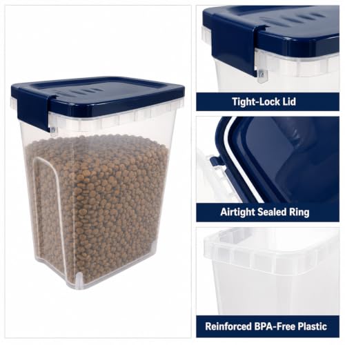 5-10 Lbs Airtight Cat Dog Food Storage Container, 8QT Compact Pet Food Bin | Plastic Food Container with Buckle-Lock Lid & Scoop for Dog, Cat, Bird Seed, Pet Food, Chicken, Dry Food, Rice, Cereal, Flour - color: Dark Blue