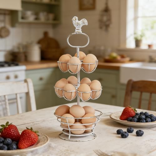 Fresh Egg Holder Countertop Vintage Metal Multi-Tier Egg Holder with Storage Basket Farmhouse Countertop Egg Storage Rack for Kitchen Organization (Double Layer White) - color: Double Layer White