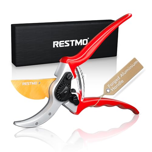 RESTMO Pruning Shears, 8.6 Inch, Titanium Blade, Bypass, Red | Professional garden shears. Premium SKS5 steel blade. Forged aluminum handles. Long-lasting sharpness. For gardening. - size: Garden Pruning Shears（Red）