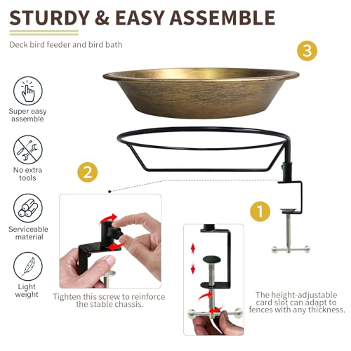 WANGIRO 11.4" Deck Mounted Bird Bath Metal Detachable Bowl Antique Bronze | Sturdy Clamp Easy Install, Detachable Bowl Easy Clean, Attracts Birds, Ideal Gift for Nature Lovers Garden Patio Decor