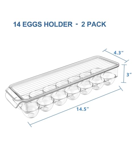Egg Holder Container for Fridge with Lid and Handle, Clear Plastic Egg Storage Organizer Bins for Refrigerator, Stackable Tray Holds 14 Eggs. (28 Eggs, 2 Packs)
