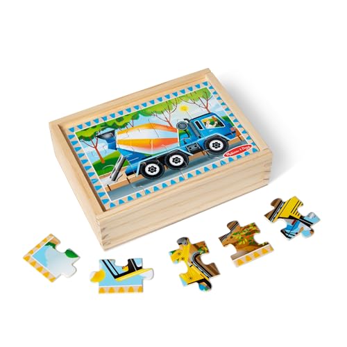 Melissa & Doug 4‑in‑1 Wooden Construction Vehicles Jigsaw Puzzle Set, 48 Pieces with Storage Box, Toddler Puzzle Toy for Kids Ages 3+ - FSC Certified - style: Construction
