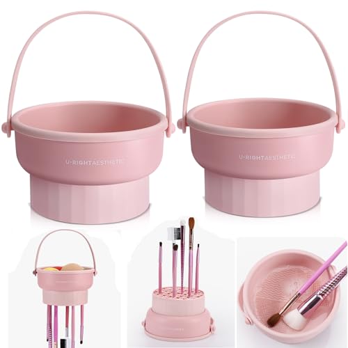 GOLIKEE 2 Pack Makeup Brush Cleaner Mat 3 in 1 Silicone Makeup Brush Cleaner Makeup Brush Cleaning Bowl Makeup Brush Sponge Scrubber Tool for Cleaning, Storage And Upside Down Drying（Two Pink - color: Pink