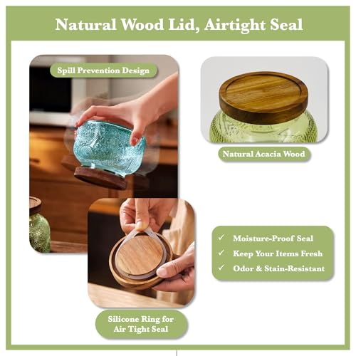 Decorative Green Embossed Glass Jar with Airtight Wooden Lid, 25.4 fl. oz | Wide mouth vintage storage canister, kitchen pantry bathroom organization, coffee sugar tea cookie candy candle vase gift - size: 25.4 Ounces, style: Green Flower