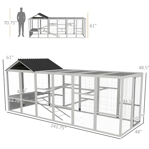 PawHut Wooden Chicken Coop Run for 6-10 Chickens 141.75" x 48" x 61" Gray | Hen House, Poultry Cage Add-On, Storage, Perches - color: Gray